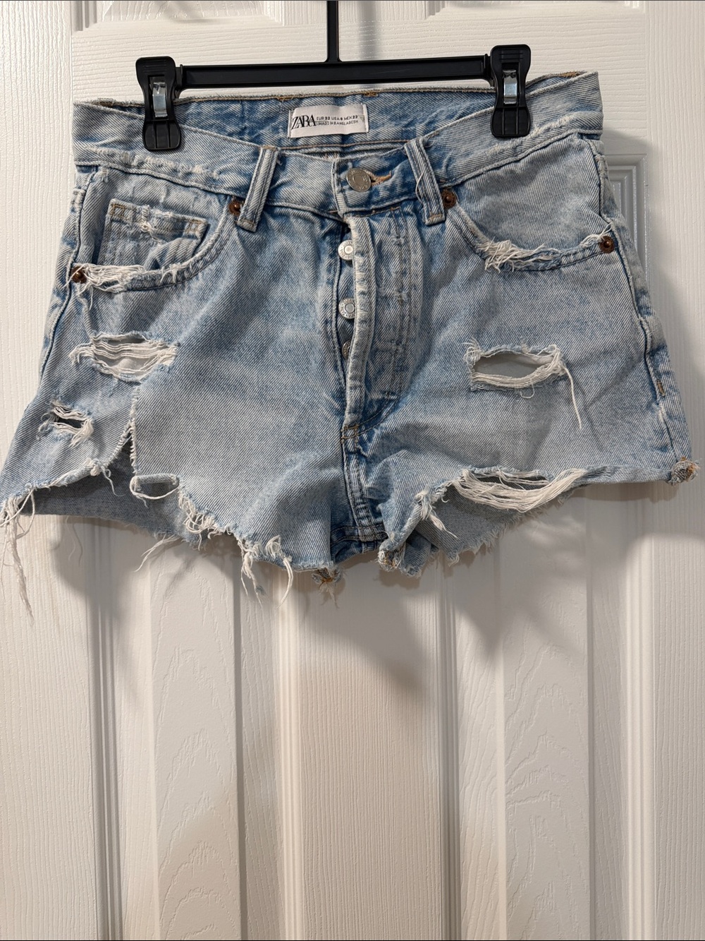 ZARA Light Blue Distressed High-Rise Denim Shorts
